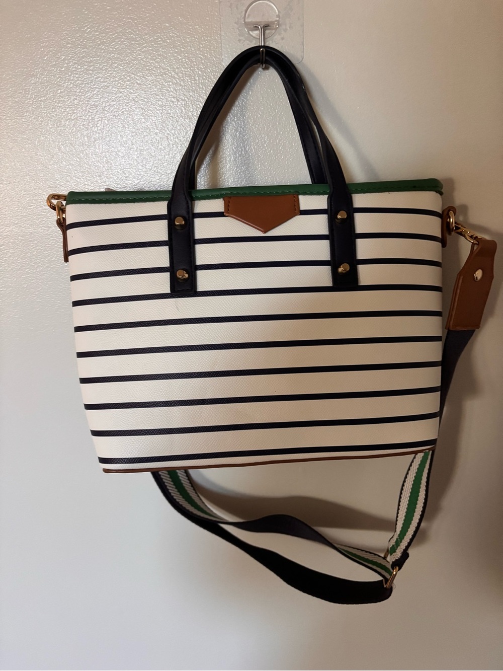 Aldo Navy and White Striped Tote with Green Trim